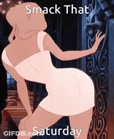 A Cartoon Of A Woman In A White Dress With The Words Smack That Saturday On The Bottom GIF