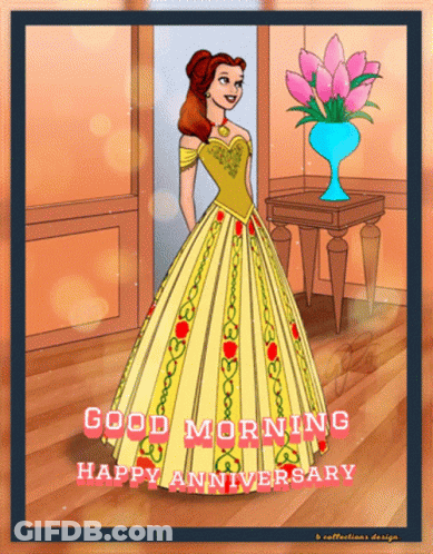 A Cartoon Of A Woman In A Yellow Dress With The Words Good Morning Happy Anniversary GIF