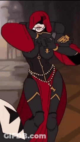 A Cartoon Of A Woman In Armor With A Red Cape And A Necklace With The Letter H On It GIF