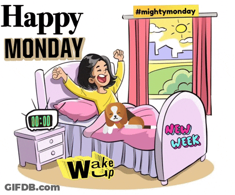 A Cartoon Of A Woman In Bed With A Dog And The Words Happy Monday GIF