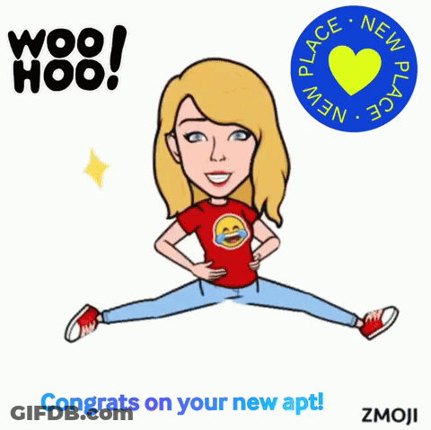 A Cartoon Of A Woman Jumping In The Air With The Words Congrats On Your New Apartment Zmoji GIF