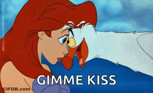 A Cartoon Of A Woman Kissing A Bird With The Words Gimme Kiss Written Below Her GIF