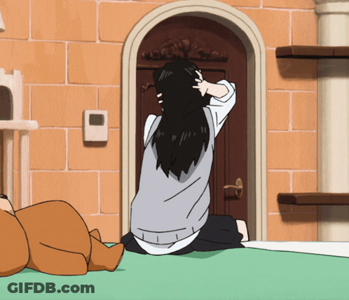 A Cartoon Of A Woman Kneeling Down In Front Of A Door GIF