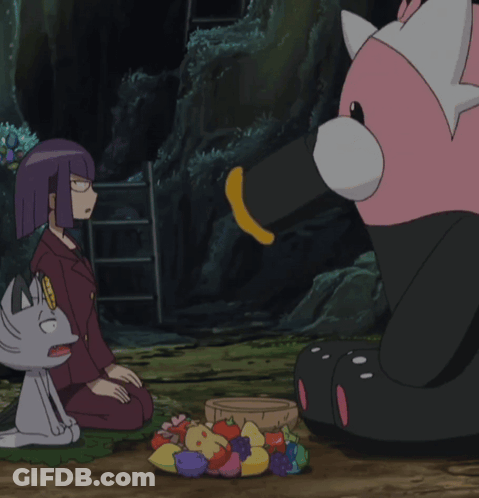 A Cartoon Of A Woman Kneeling Down Next To A Large Pink Bear Eating Fruit GIF