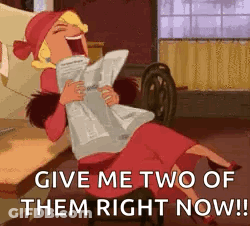 A Cartoon Of A Woman Laughing While Holding A Newspaper And Saying `` Give Me Two Of Them Right Now ! '' GIF