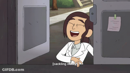 A Cartoon Of A Woman Laughing With The Words " Cackling Madly " Next To Her GIF