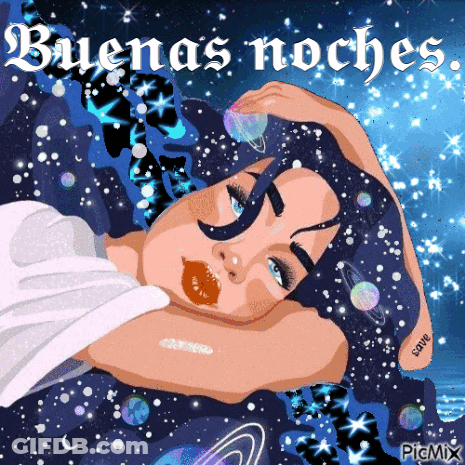 A Cartoon Of A Woman Laying Down With The Words " Buenas Noches " Written Above Her GIF