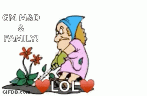A Cartoon Of A Woman Laying In A Garden With The Words Gm M & D & Family Below GIF
