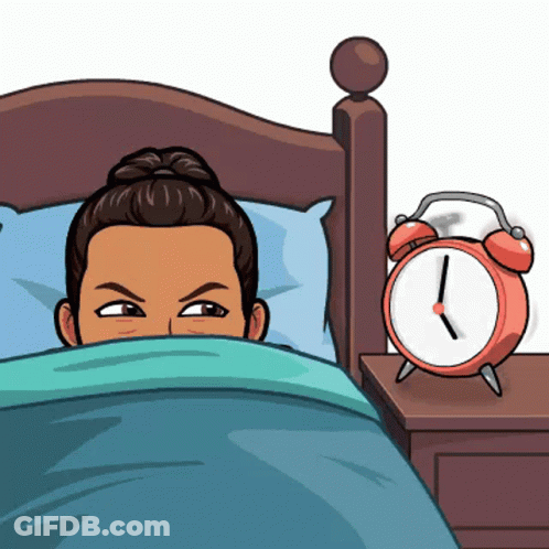 A Cartoon Of A Woman Laying In Bed Next To A Red Alarm Clock That Reads 1:11 GIF