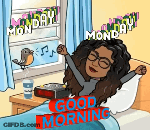 A Cartoon Of A Woman Laying In Bed With A Cup Of Coffee And A Clock That Says Good Morning GIF