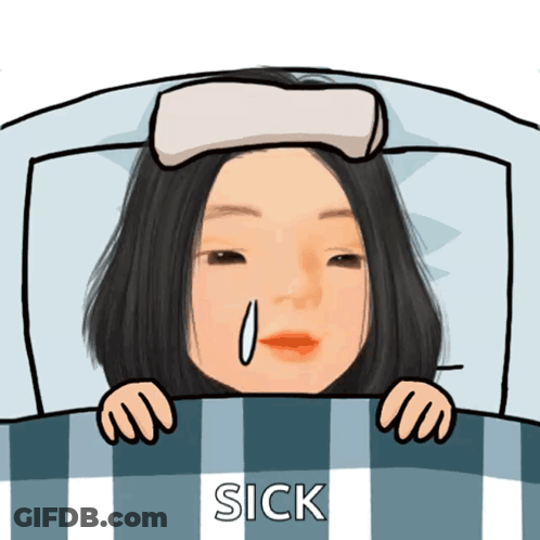 A Cartoon Of A Woman Laying In Bed With A Towel On Her Head And The Words Sick Below Her GIF
