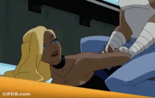 A Cartoon Of A Woman Laying On A Bed With A Bandaged Arm GIF