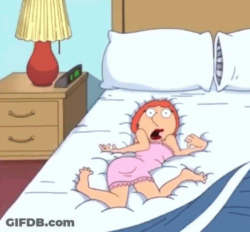 A Cartoon Of A Woman Laying On A Bed With A Lamp And A Clock On The Nightstand GIF