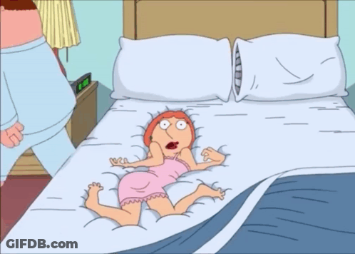 A Cartoon Of A Woman Laying On A Bed With A Lamp And A Clock On The Nightstand That Says 4:20 GIF