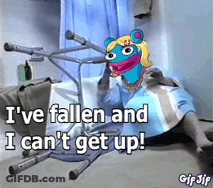 A Cartoon Of A Woman Laying On A Bed With The Words " I Ve Fallen And I Can T Get Up " GIF