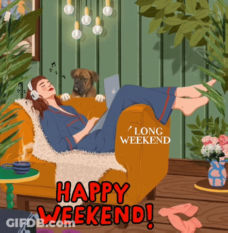 A Cartoon Of A Woman Laying On A Couch With A Dog And The Words Happy Weekend GIF