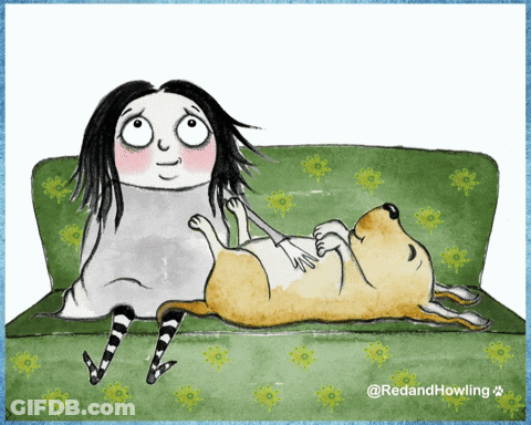 A Cartoon Of A Woman Laying On A Couch With A Dog Laying On Her Lap GIF