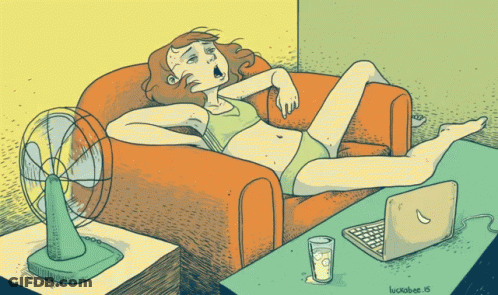 A Cartoon Of A Woman Laying On A Couch With A Fan And A Laptop By Lucasbee GIF