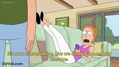 A Cartoon Of A Woman Laying On A Couch With The Words " It 'S Not A Conversation " On The Bottom Right GIF