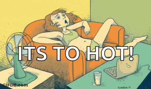 A Cartoon Of A Woman Laying On A Couch With The Words " It 'S To Hot " GIF