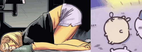 A Cartoon Of A Woman Laying On Her Stomach Next To A Cartoon Of A Baby With The Letter C On It GIF