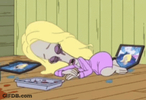 A Cartoon Of A Woman Laying On The Floor With A Laptop GIF