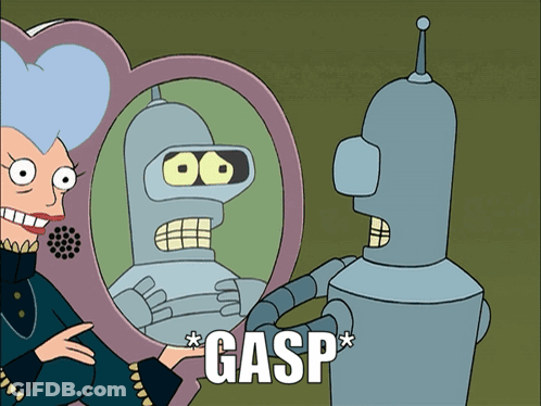 A Cartoon Of A Woman Looking At A Robot In A Heart Shaped Mirror With Gasp Written In The Corner GIF