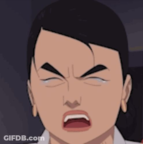 A Cartoon Of A Woman Making An Angry Face With Her Mouth Wide Open GIF