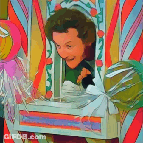 A Cartoon Of A Woman Peeking Out Of A Box With Lollipops GIF