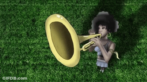 A Cartoon Of A Woman Playing A Trumpet On The Grass GIF