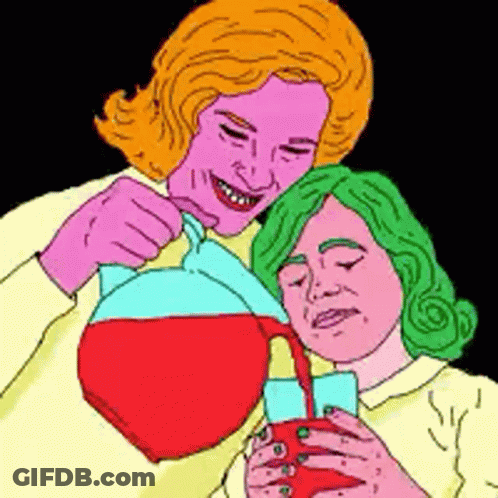 A Cartoon Of A Woman Pouring A Drink Into Another Woman 'S Cup GIF