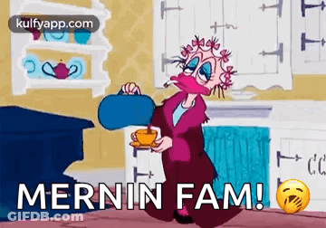A Cartoon Of A Woman Pouring Tea Into A Cup And Saying Mernin Fam . GIF