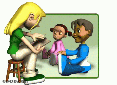 A Cartoon Of A Woman Reading To Two Children GIF