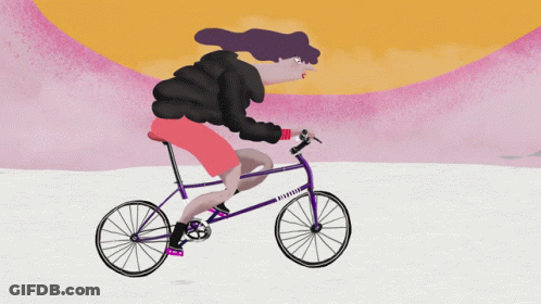A Cartoon Of A Woman Riding A Purple Bicycle With A Black Jacket On GIF