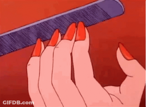 A Cartoon Of A Woman 'S Hands With Red Nails Holding A Comb . GIF