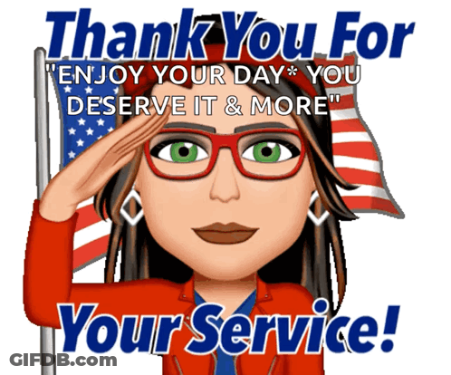 A Cartoon Of A Woman Saluting With The Words " Thank You For Your Service " Below Her GIF