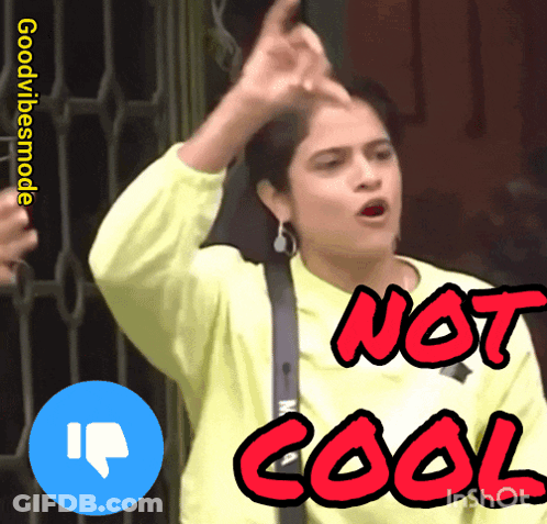 A Cartoon Of A Woman Saying " Not Cool " Next To A Blue Thumbs Down Icon GIF