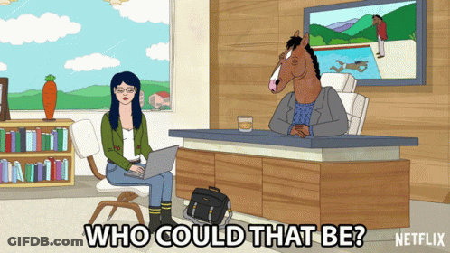 A Cartoon Of A Woman Sitting At A Desk With A Laptop And The Words Who Could That Be GIF