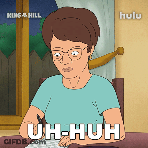A Cartoon Of A Woman Sitting At A Desk With The Words Uh-Huh Written In White GIF