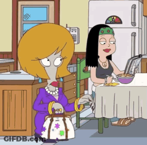 Cartoon Woman Sitting At Table Eating Cereal GIF