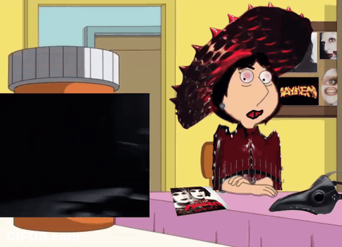 A Cartoon Of A Woman Sitting At A Table Next To A Bottle That Says Mayhem GIF