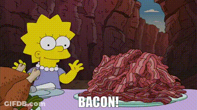 A Cartoon Of A Woman Sitting At A Table Next To A Pile Of Bacon . GIF