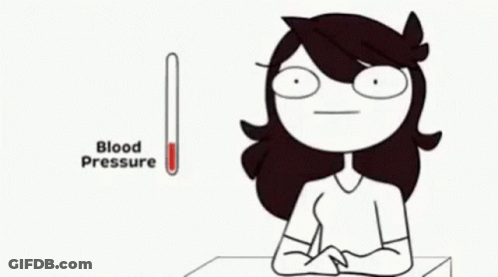 A Cartoon Of A Woman Sitting At A Table With A Blood Pressure Thermometer Behind Her . GIF