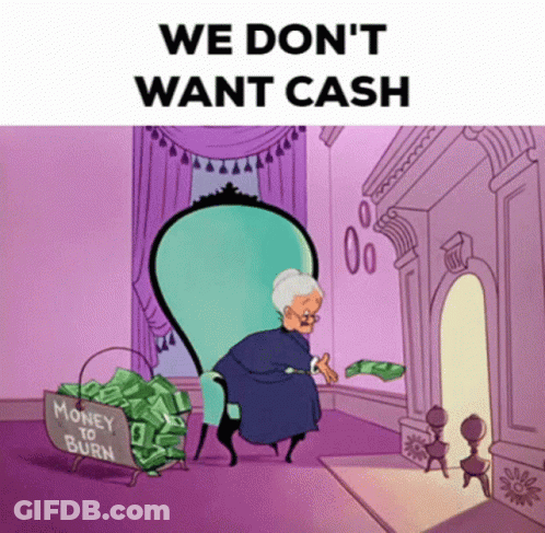 A Cartoon Of A Woman Sitting In A Chair With A Sign That Says Money To Burn On It GIF