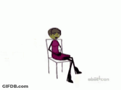 A Cartoon Of A Woman Sitting In A Chair With The Words " Have Several Seats " Above Her GIF
