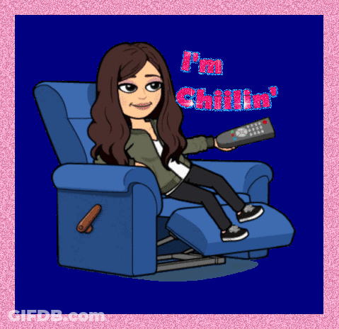 A Cartoon Of A Woman Sitting In A Recliner Holding A Remote With The Words I 'M Chillin GIF