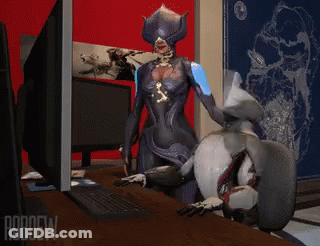 A Cartoon Of A Woman Sitting In Front Of A Computer With Roboew Written In The Corner GIF