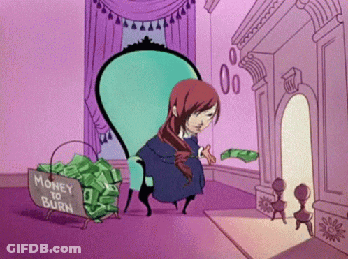 A Cartoon Of A Woman Sitting In Front Of A Fireplace With A Basket Full Of Money That Says " Money To Burn " GIF