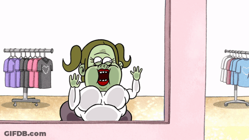 A Cartoon Of A Woman Sitting In Front Of A Mirror In A Store GIF