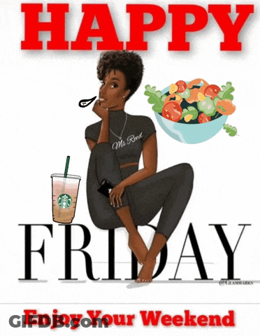 A Cartoon Of A Woman Sitting Next To A Bowl Of Salad And A Starbucks Drink GIF